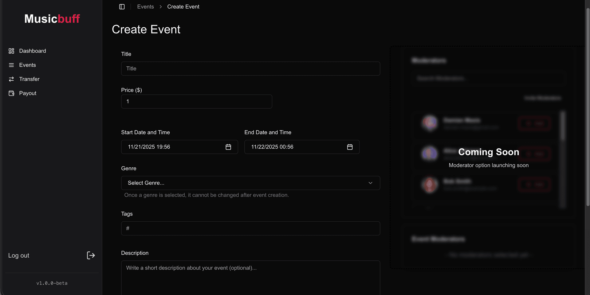 Screenshot: Create Event Form