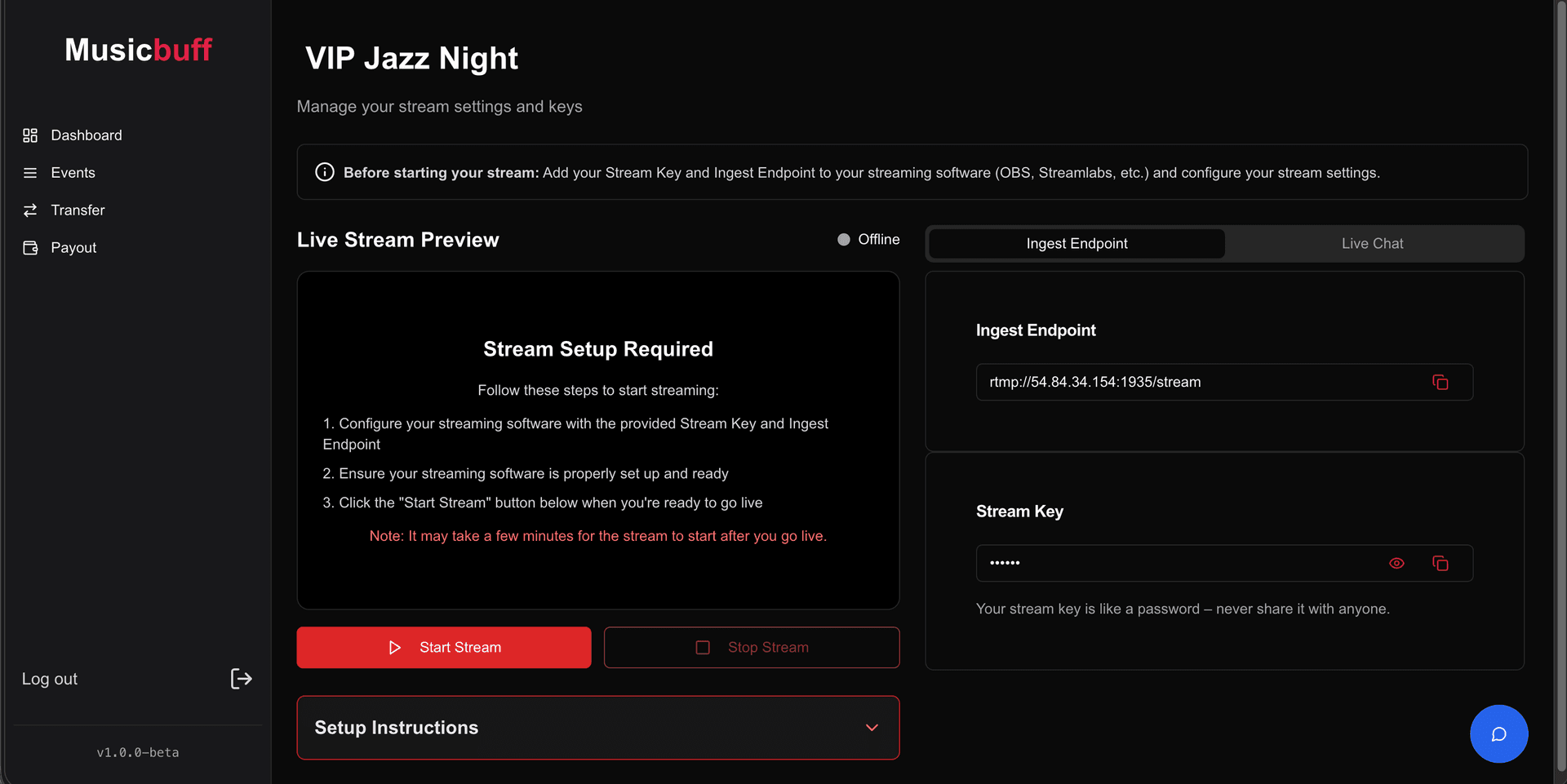 Screenshot: Streaming Credentials