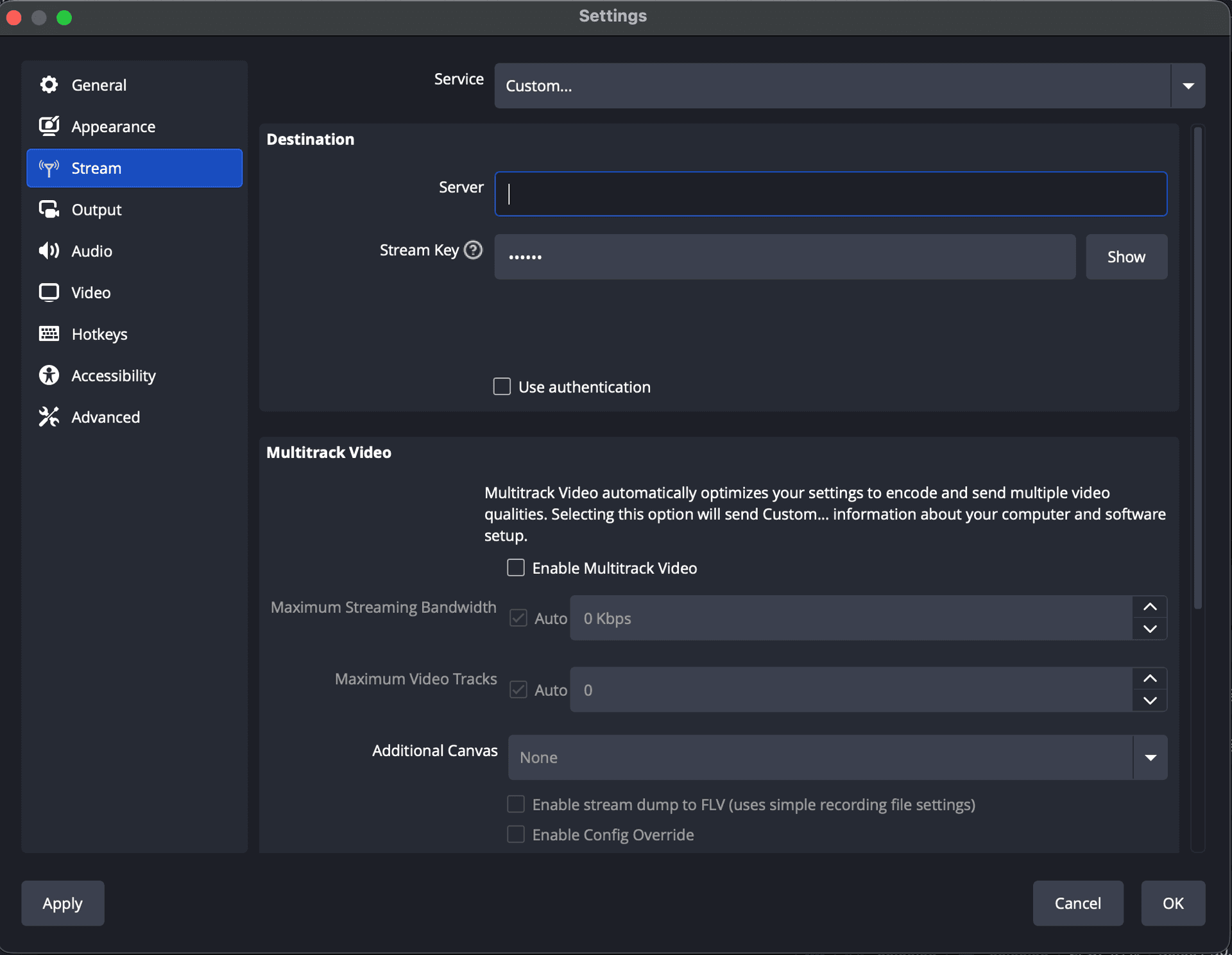 Screenshot: OBS Stream Settings