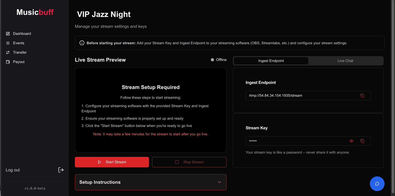 Screenshot: Start Streaming Button